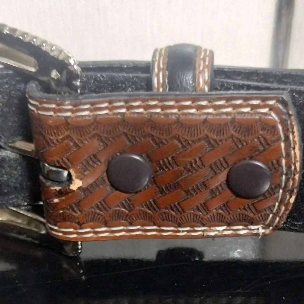 Western Tooled Leather Belt Black Brown Basket Weave Silver Buckle 40 2361P